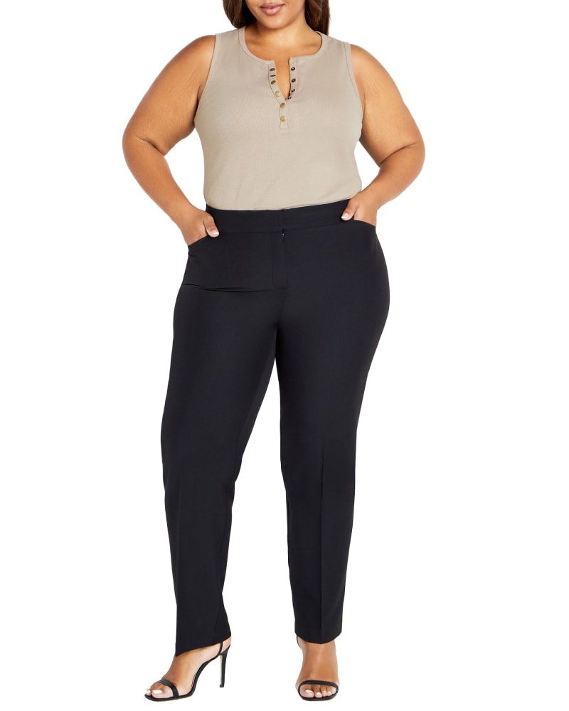 Front of a model wearing a size 22 TROUSER COOL HAND AVG in Black by avenue. | dia_product_style_image_id:322852